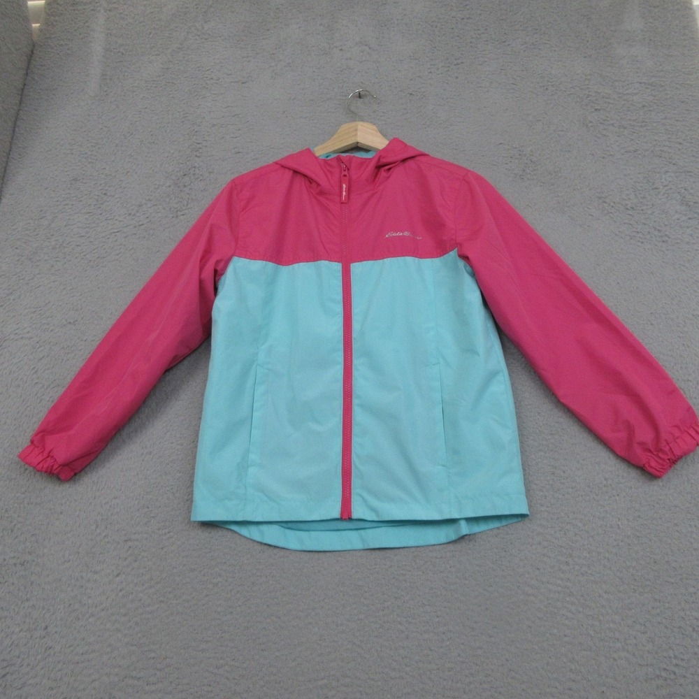 Eddie Bauer Rain Jacket Kids M 10/12 Blue Pink Hooded Windbreaker Lightweight
